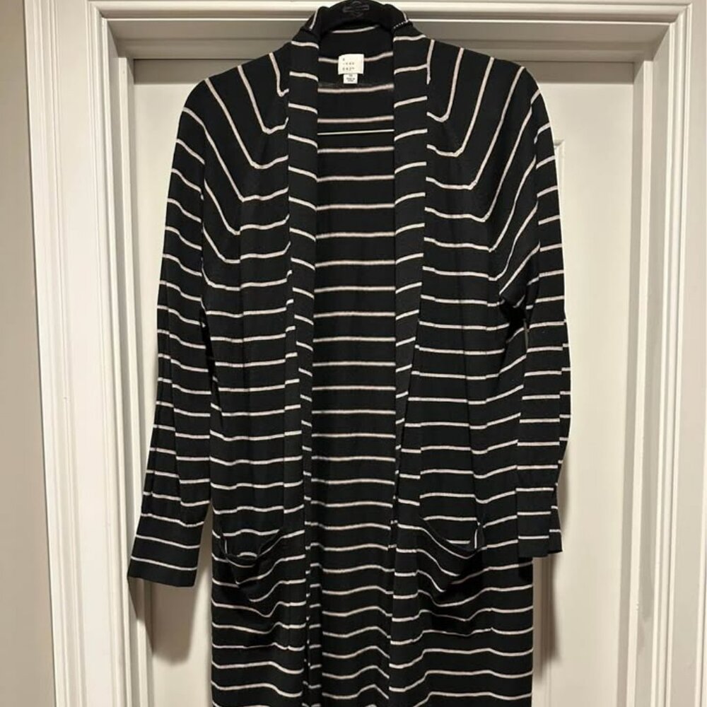 A New Day Striped Duster Cardigan Sweater Women's Small Black Taupe Open Front